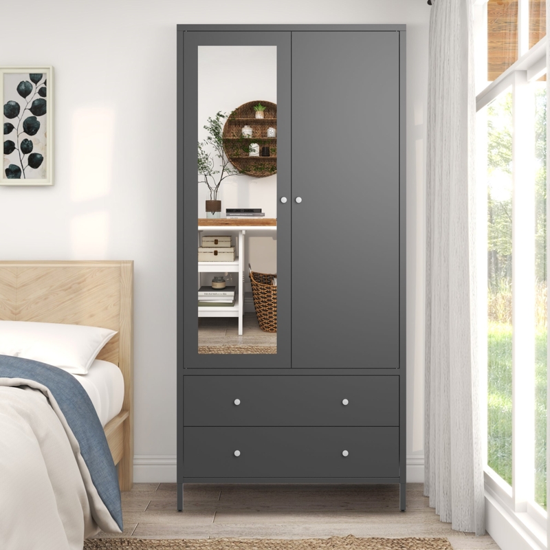 Charcoal Gray Metal Armoire with Full Length Mirrored Door