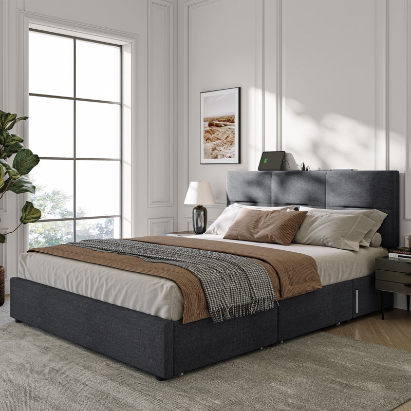 Charcoal Gray Upholstered Bed with Charging Station & Shelf