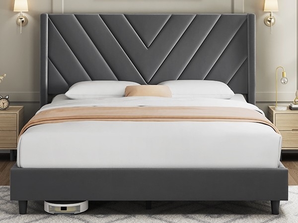 Charcoal Gray Upholstered Bed with Chevron Wingback Headboard