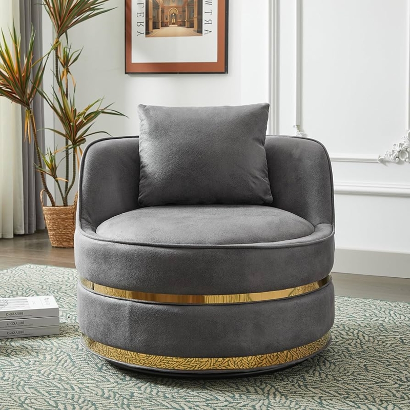 Charcoal Gray Velvet Swivel Barrel Chair with Textured Gold Base