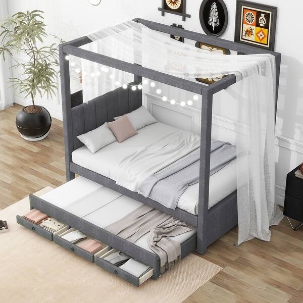 Charcoal Grey Linen Canopy Bed with Trundle and Storage