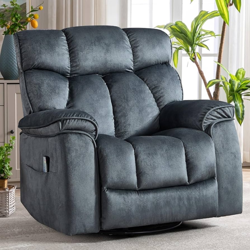 Charcoal Grey Overstuffed Rocker Recliner with Triple-Tier Backrest