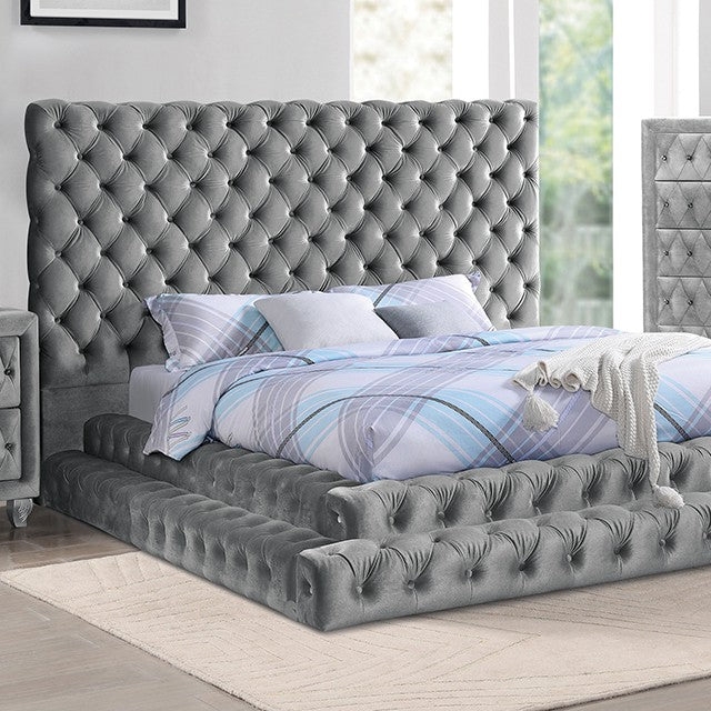 Charcoal Grey Platform Bed Oversized Diamond Tufted Tiered Base