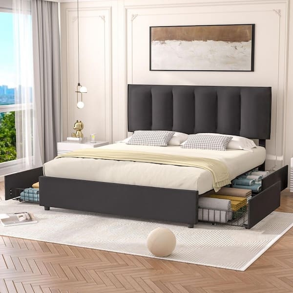 Charcoal Grey Platform Bed with Vertical Channel Tufting and Drawers