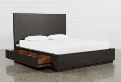 Charcoal Grey Platform Storage Bed Tall Panel Headboard Side Drawers