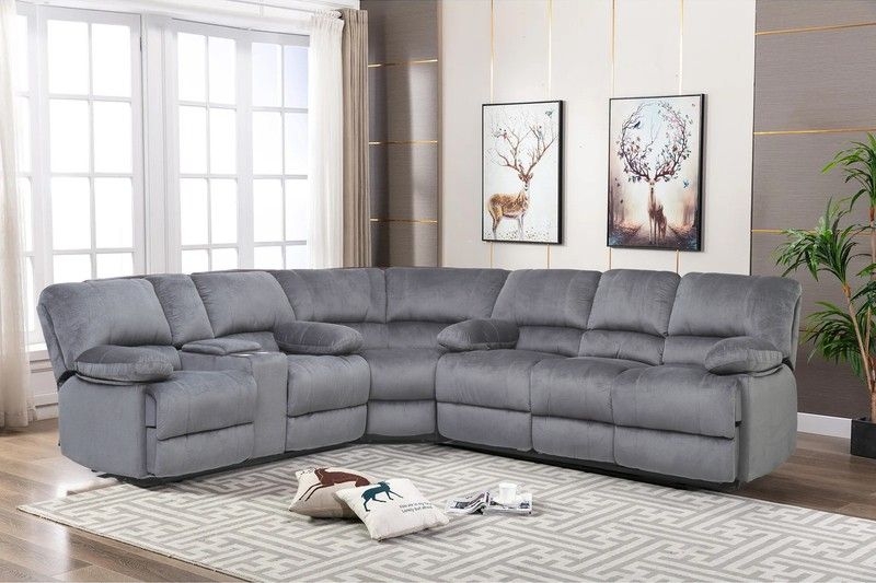 Charcoal Grey Sectional Sofa with Reclining Seats and Storage Consoles