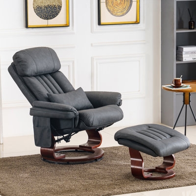 Charcoal Grey Swivel Recliner with Curved Wood Base & Ottoman