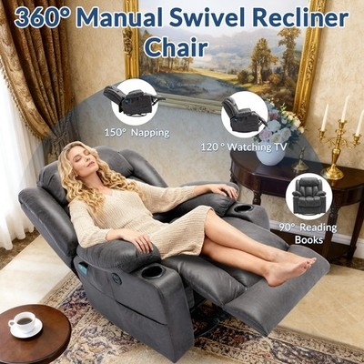 Charcoal Grey Swivel Recliner With Integrated Cup Holders