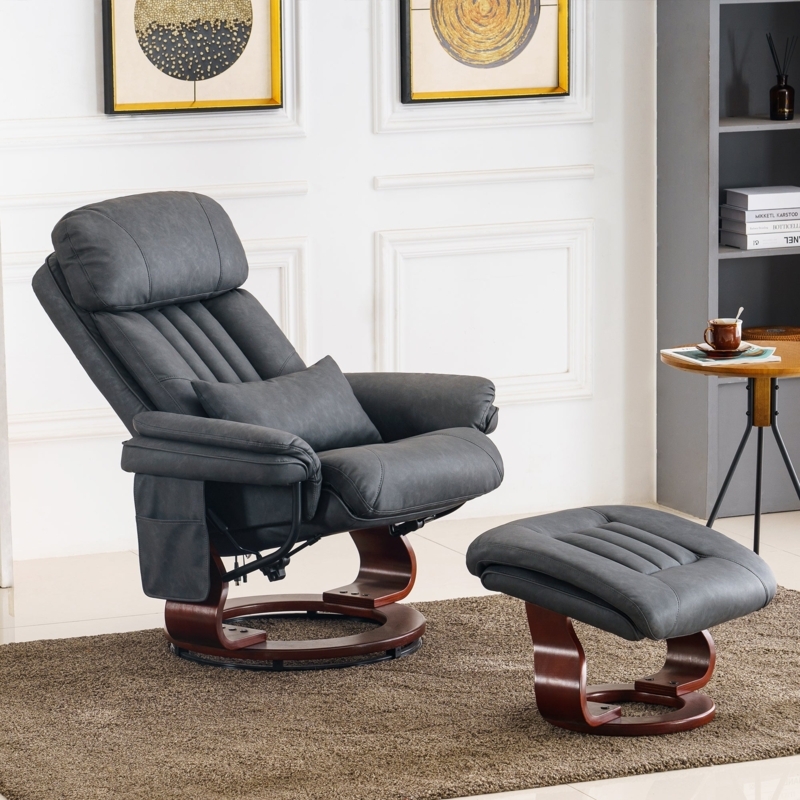 Charcoal Grey Swivel Recliner With Ottoman Curved Wood Base Side Pocket
