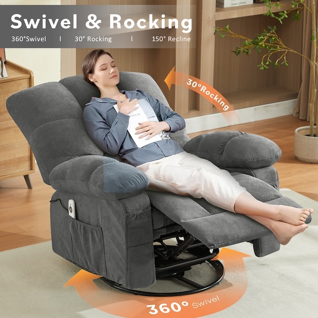 Charcoal Grey Swivel Rocking Recliner in Velvet-Like Fabric