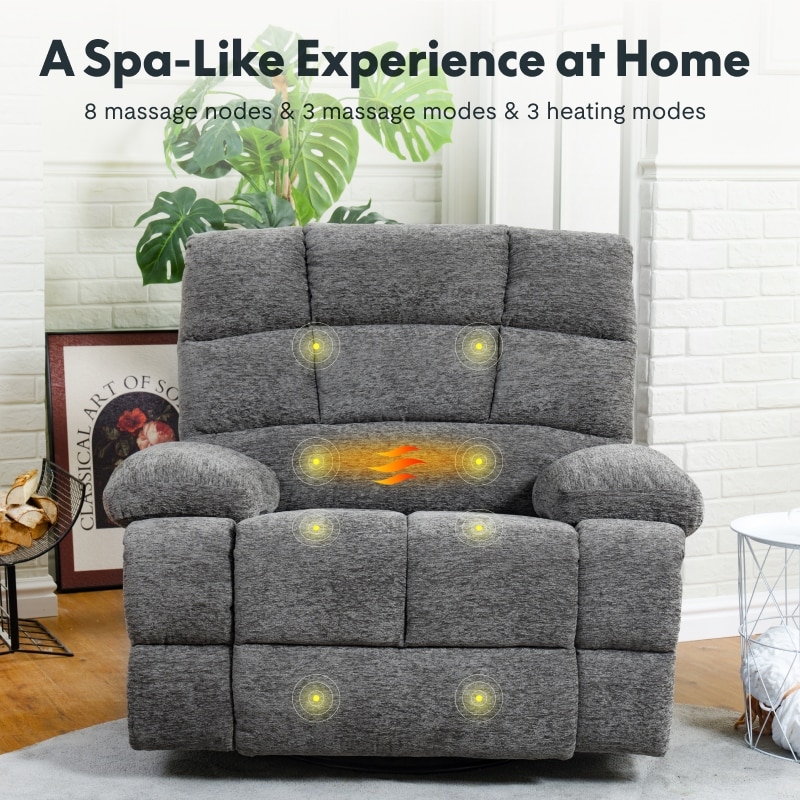 Charcoal Grey Textured Fabric Oversized Manual Swivel Recliner