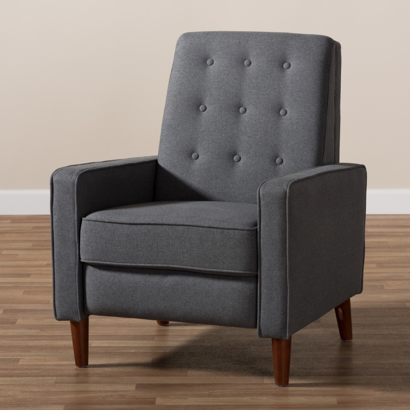 Charcoal Grey Tufted Accent Chair with Tapered Wood Legs and Piping Details