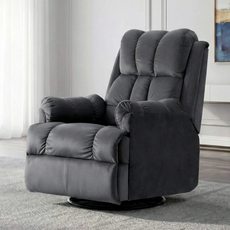 Charcoal Grey Velvet Swivel Recliner with Segmented Back