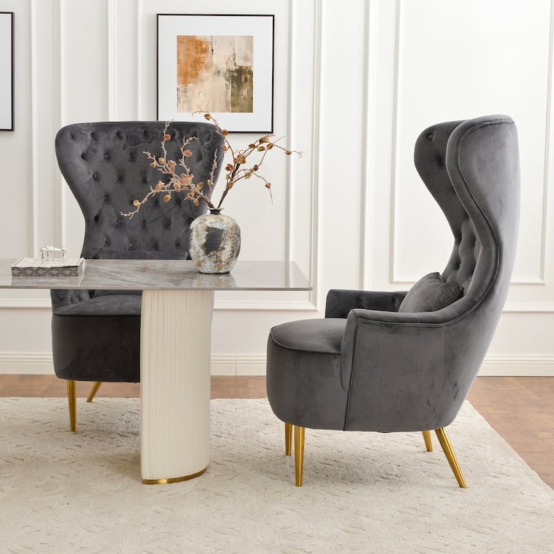 Charcoal Grey Velvet Wingback Chair High Back Diamond Tufted Metal Legs