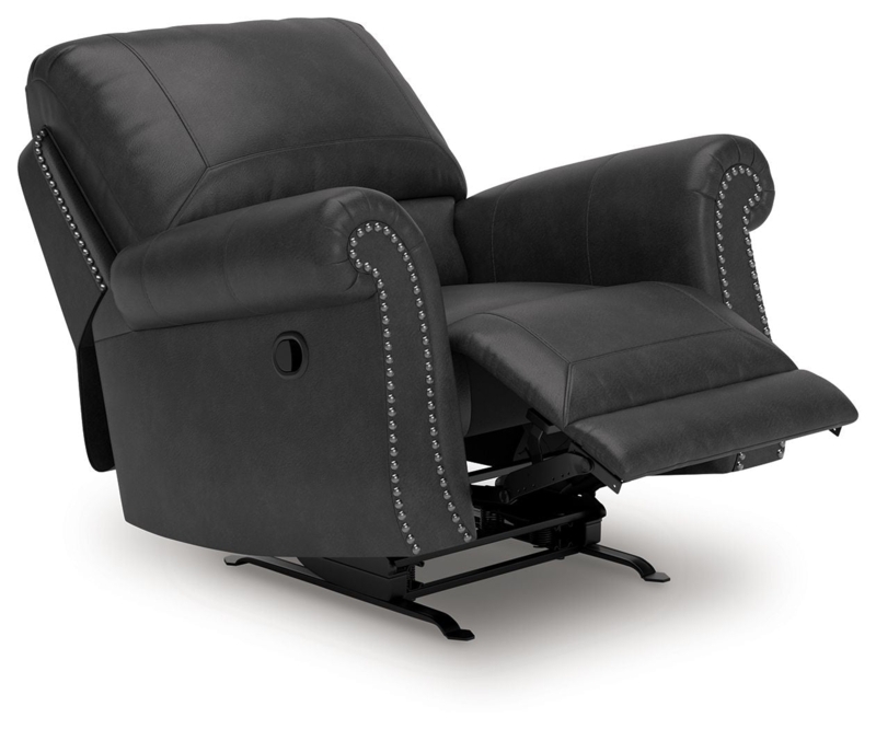 Charcoal Leather Look Recliner, Swivel Glider with Silver Nailhead Trim