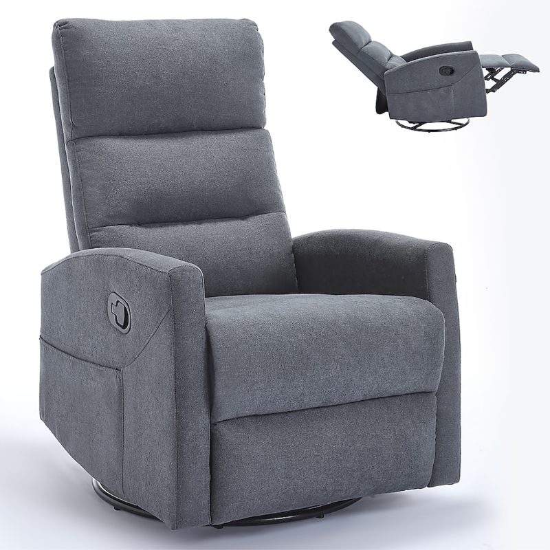 Charcoal Manual Recliner Chair Swivel Rocker Base Side Storage Pocket