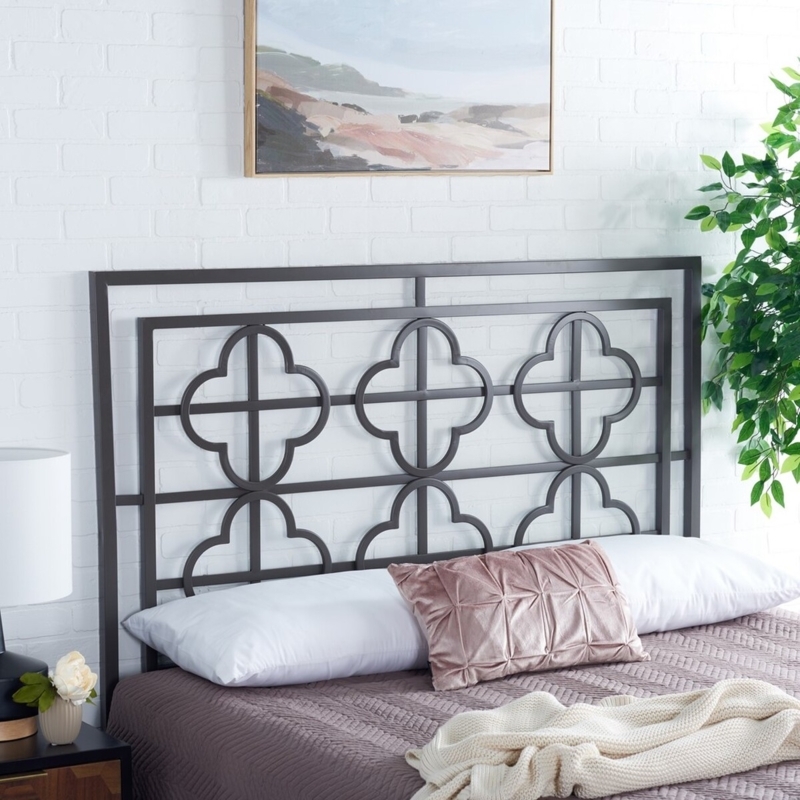 Charcoal Metal Headboard Geometric Quatrefoil Openwork Design