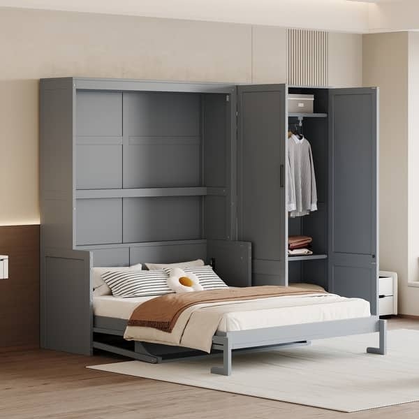 Charcoal Murphy Bed with Integrated Closet and Shaker-Style Panels