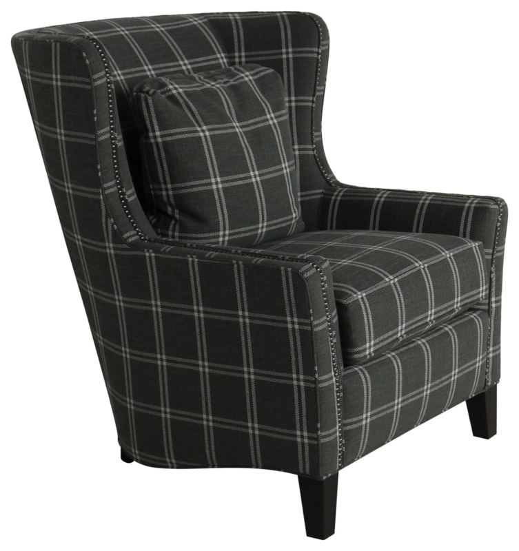 Charcoal Plaid Wingback Chair Track Arms Nailhead Trim