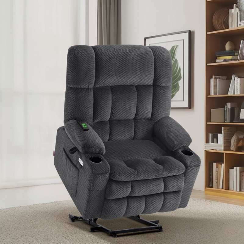 Charcoal Power Lift Recliner with Micro-Textured Fabric and Cup Holders