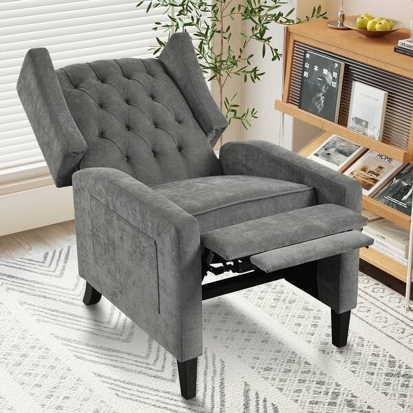 Charcoal Pushback Wingback Chair with Pop-Out Footrest and Tufting