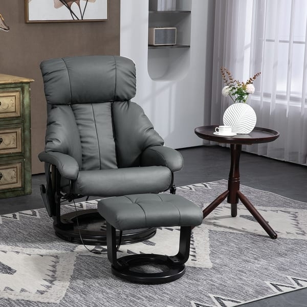 Charcoal Recliner Chair with Tufted Footstool and Circular Swivel Base.