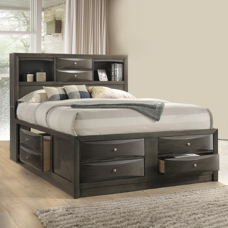 Charcoal Storage Bed Bookcase Headboard Eight Integrated Drawers