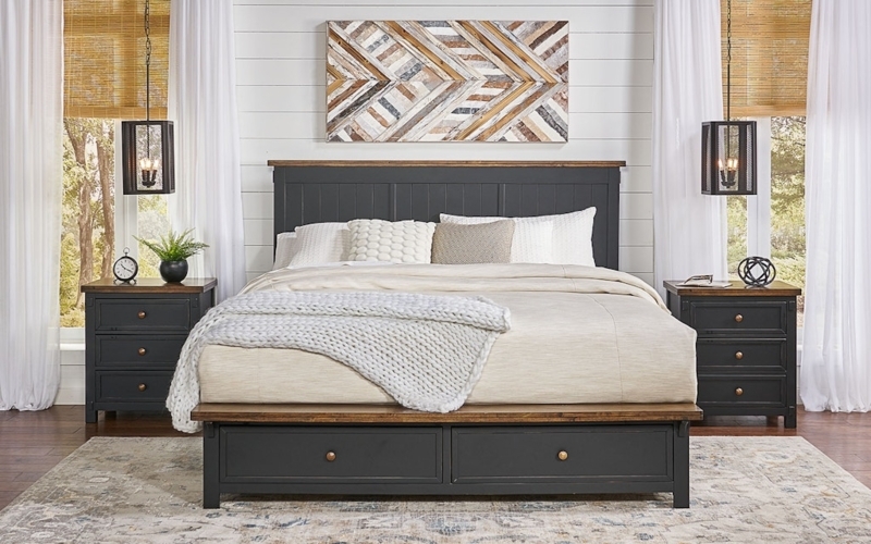 Charcoal Storage Bed Wood Top Footboard Drawers Modern Farmhouse