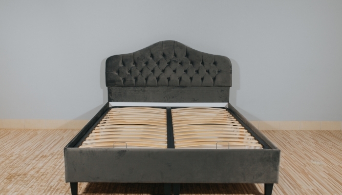 Charcoal Upholstered Bed Frame with Tufted Camelback Headboard