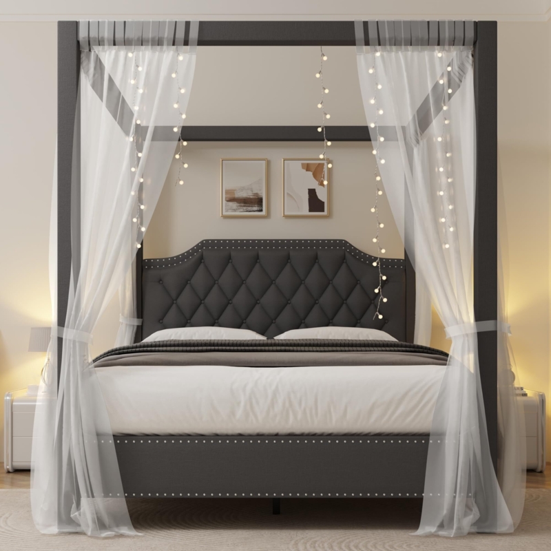 Charcoal Upholstered Canopy Bed with Diamond Tufting