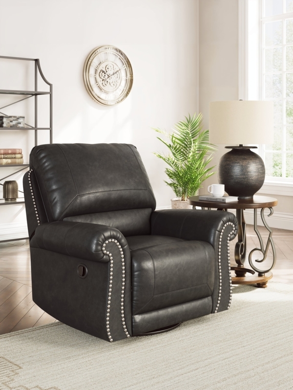Charcoal Upholstered Swivel Glider Recliner with Silver Nailhead Trim