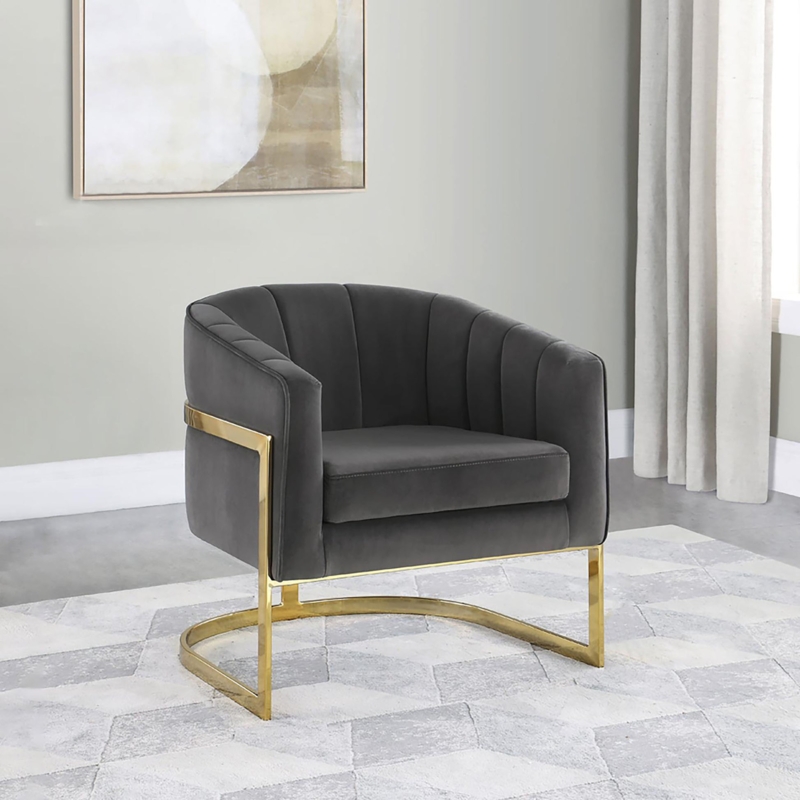 Charcoal Velvet Look Barrel Chair with Metallic Wrap Around Frame