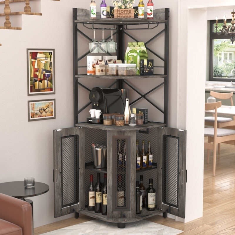 Charcoal Wood Corner Bar Cabinet with Mesh Doors and Stemware Rack