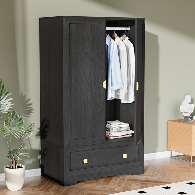Charcoal Wood Grain Armoire with Gold Half Moon Handles.