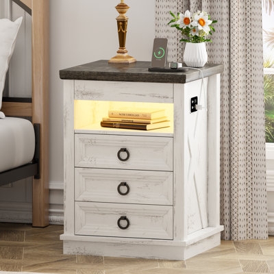 Charging Station Nightstand LED Lit Open Shelf Three Drawers