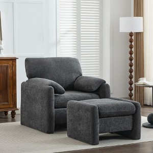Chenille Accent Chair with Ottoman, Block Arms, and Oversized Seat
