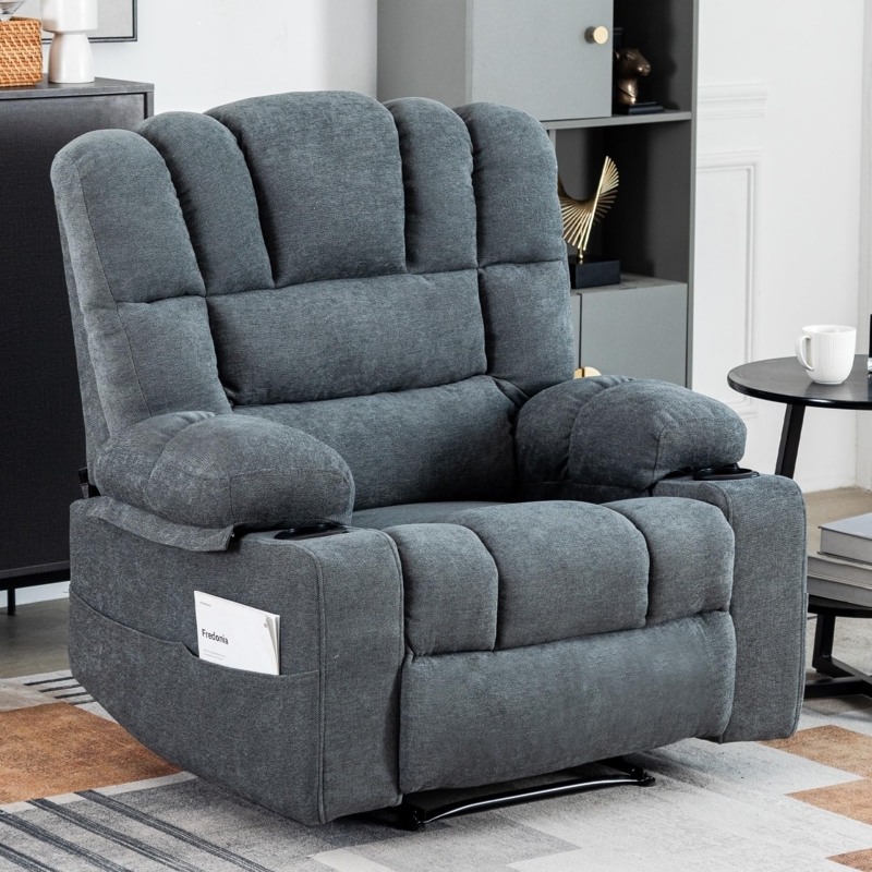 Chenille Manual Recliner with Cup Holders and Side Pocket