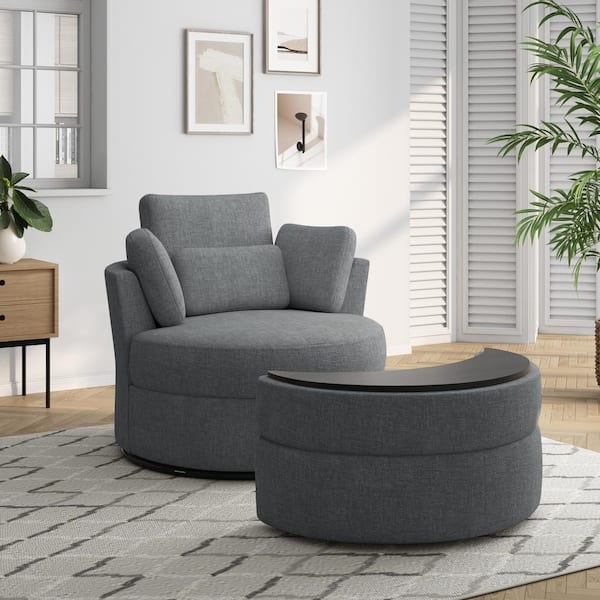 Chenille Swivel Barrel Chair with Storage Ottoman