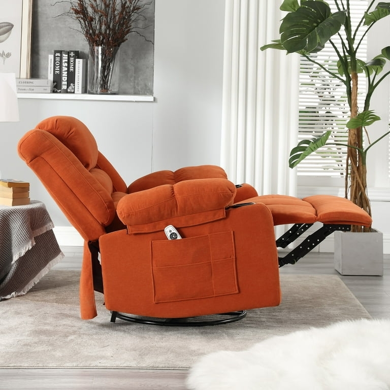 Chenille Swivel Rocker Recliner with Integrated Cupholders