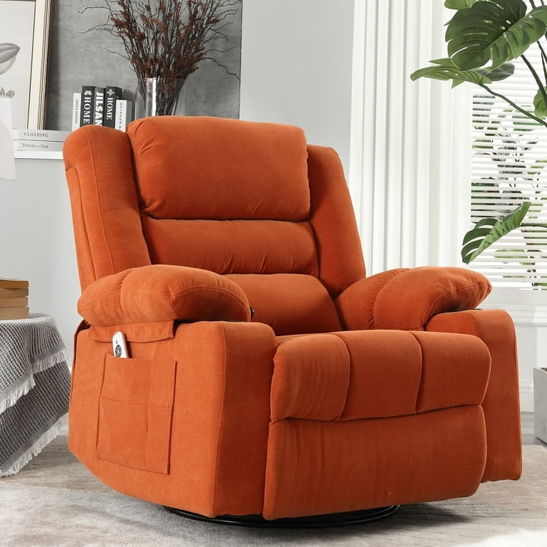 Chenille Swivel Rocker Recliner with Segmented Back, Burnt Orange