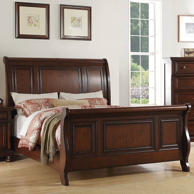 Cherry Brown Sleigh Bed with Recessed Panel Headboard