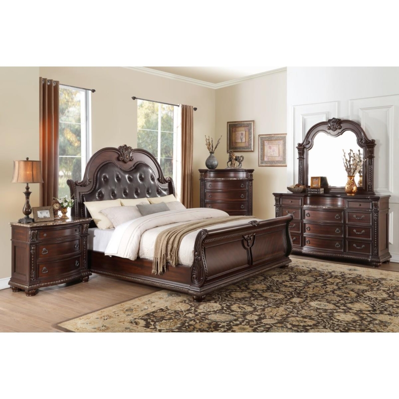 Cherry King Sleigh Bed with Tufted Leather-Like Headboard