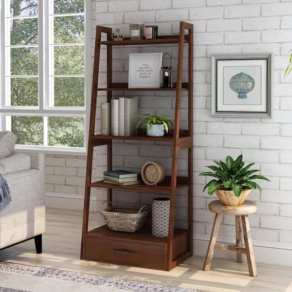 Cherry Wood Bookshelf Ladder 5-Tier Open-Back Integrated Drawer