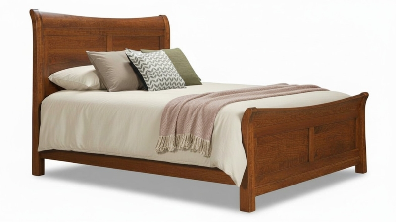 Cherry Wood Sleigh Bed featuring Recessed Panels and Block Feet