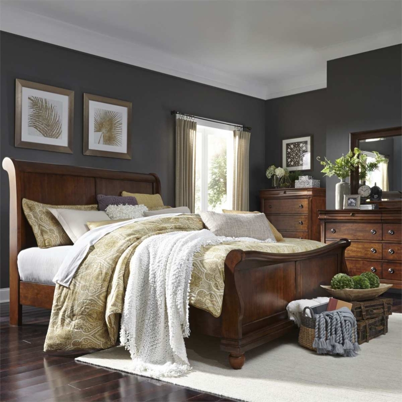 Cherry Wood Sleigh Bed Frame with Warm Finish and Bun Feet