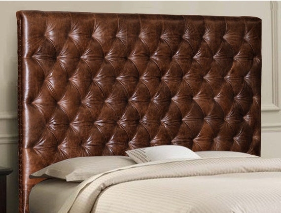 Chesterfield Style Headboard Mink Brown Leather Tall Back Diamond Tufted