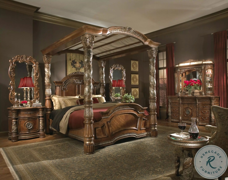 Chestnut Canopy Bed with Ornate Carved Posters and Marble-Look Inlays