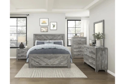 Chevron Headboard Weathered Grey Finish Panel Bed