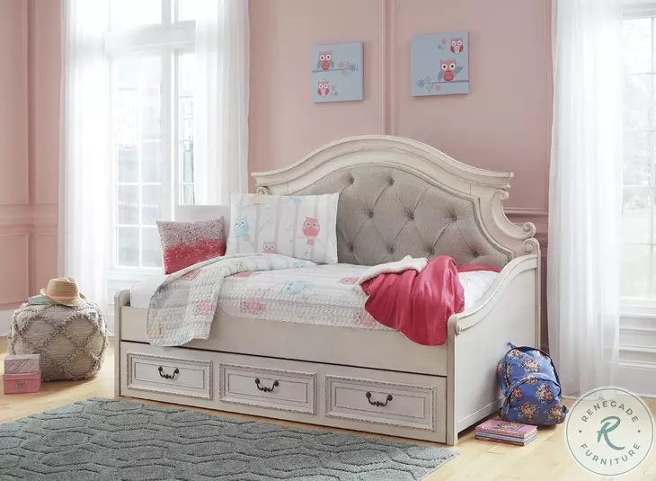 Chipped White Daybed with Tufted Back and Storage Drawers