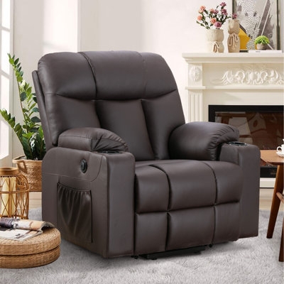 Chocolate Brown Recliner with Cup Holders and Pockets